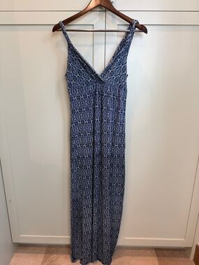 Blue Patterned V-Neck Maxi Dress